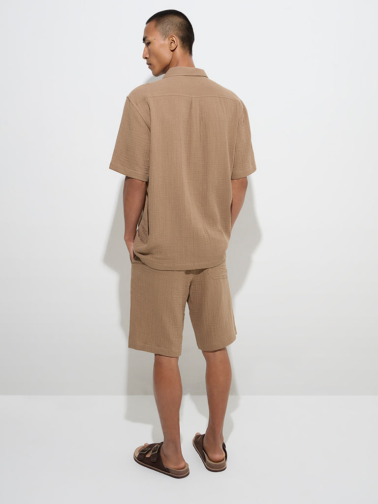 ETA Brown Textured Relaxed-Fit Mid-Rise Cotton Shorts
