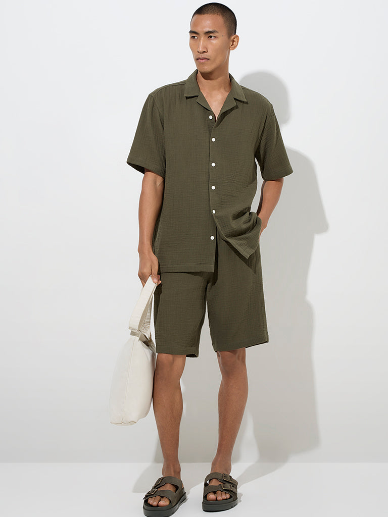 ETA Olive Textured Relaxed-Fit Mid-Rise Cotton Shorts