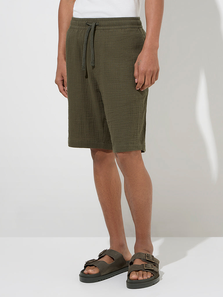 ETA Olive Textured Relaxed-Fit Mid-Rise Cotton Shorts