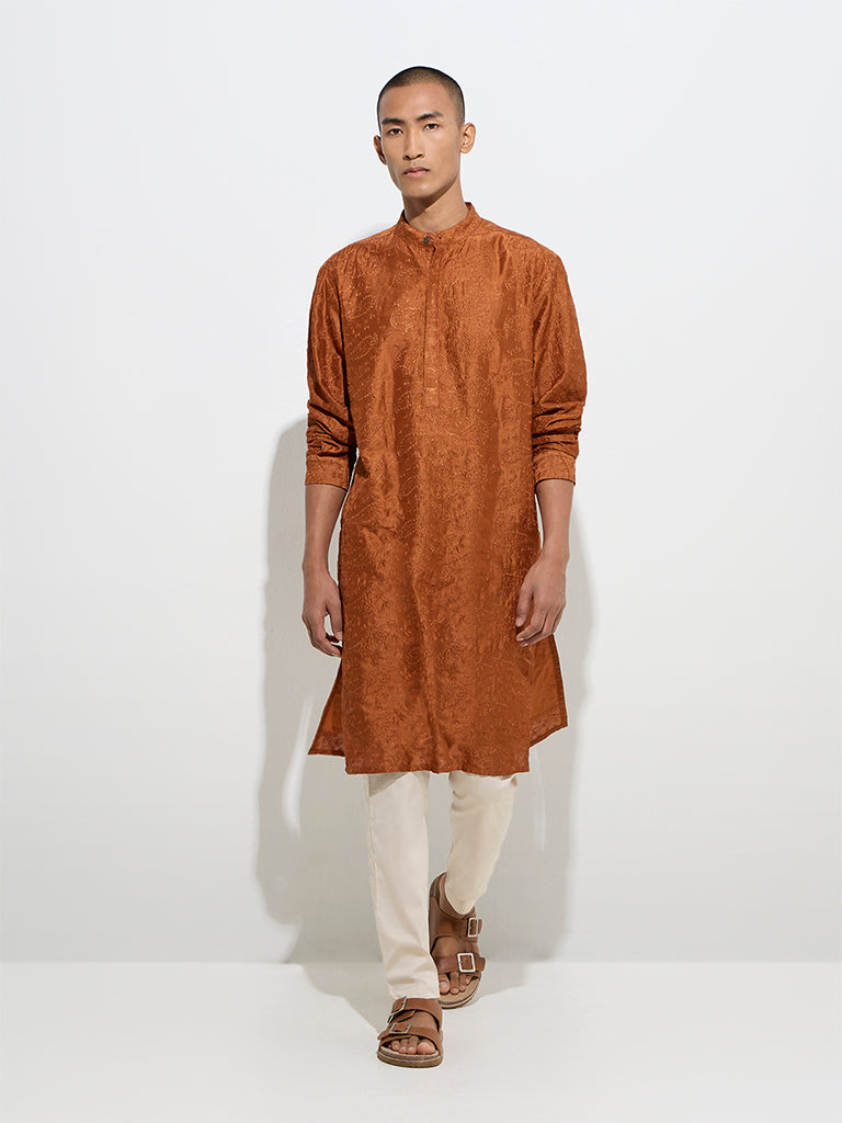 Westside Kala by ETA Men's Mens Ethnicwear Orange Embroidered Relaxed-Fit Cotton Kurta for Ethnic Wear Front View