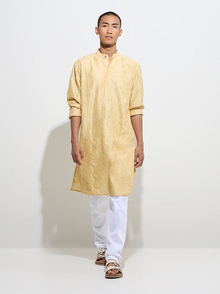 Westside Kala by ETA Men's Mens Ethnicwear Light Yellow Relaxed-Fit Cotton Kurta for Ethnic Wear Front View