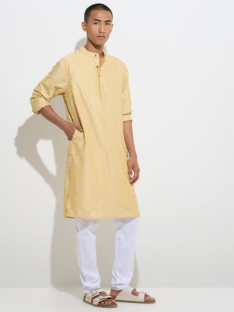 Westside Kala by ETA Men's Mens Ethnicwear Light Yellow Relaxed-Fit Cotton Kurta for Ethnic Wear Full View