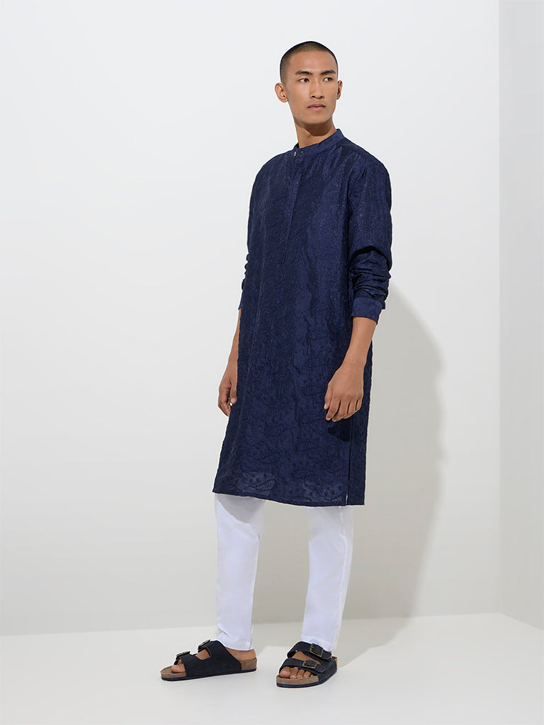 Westside Kala by ETA Men's Mens Ethnicwear Navy Embroidered Relaxed-Fit Cotton Kurta for Ethnic Wear Front View