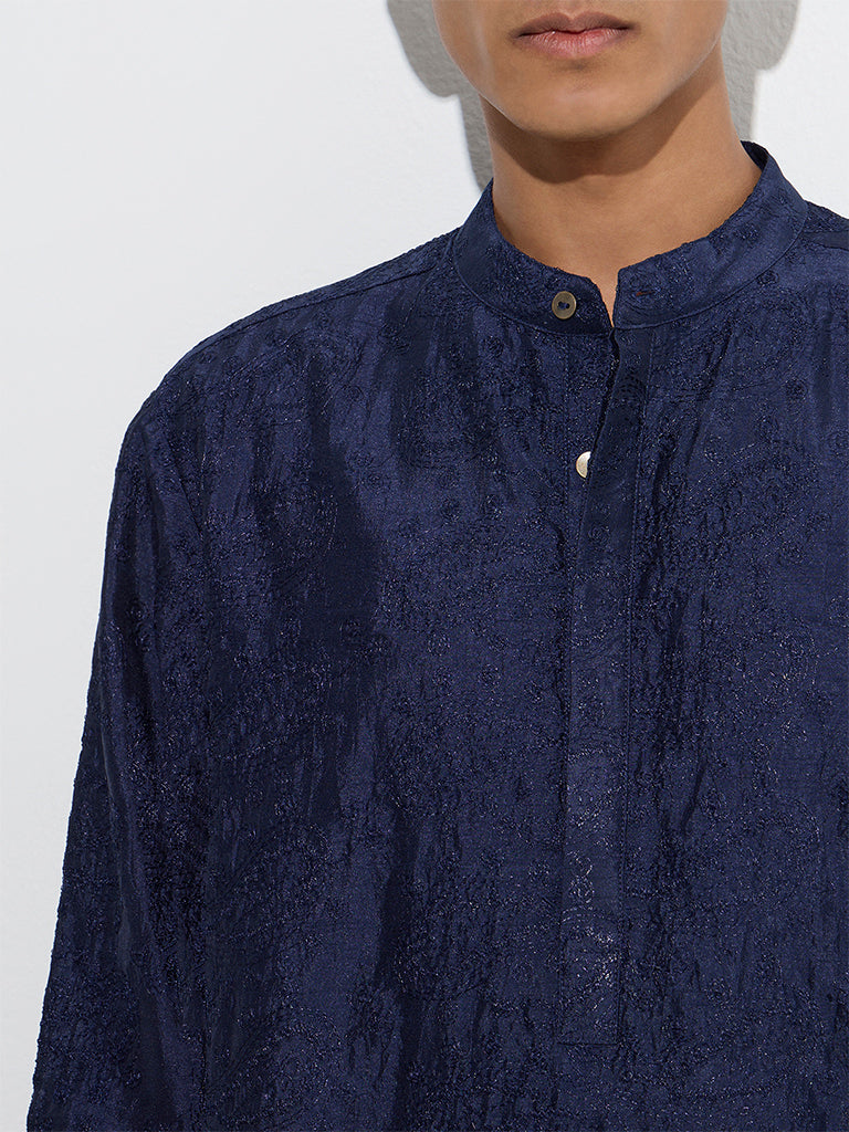 Westside Kala by ETA Men's Mens Ethnicwear Navy Embroidered Relaxed-Fit Cotton Kurta for Ethnic Wear Zoomed View