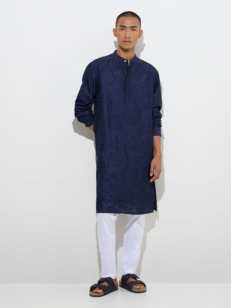 Westside Kala by ETA Men's Mens Ethnicwear Navy Embroidered Relaxed-Fit Cotton Kurta for Ethnic Wear Full View