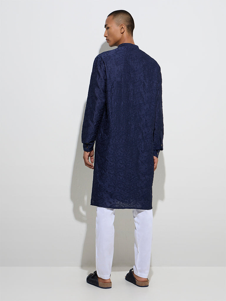Westside Kala by ETA Men's Mens Ethnicwear Navy Embroidered Relaxed-Fit Cotton Kurta for Ethnic Wear Back View