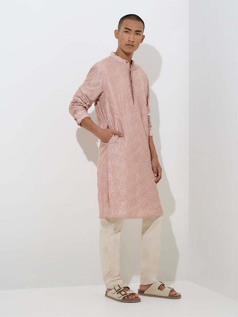 Westside Kala by ETA Men's Mens Ethnicwear Pink Embroidered Relaxed-Fit Cotton Kurta for Ethnic Wear Front View