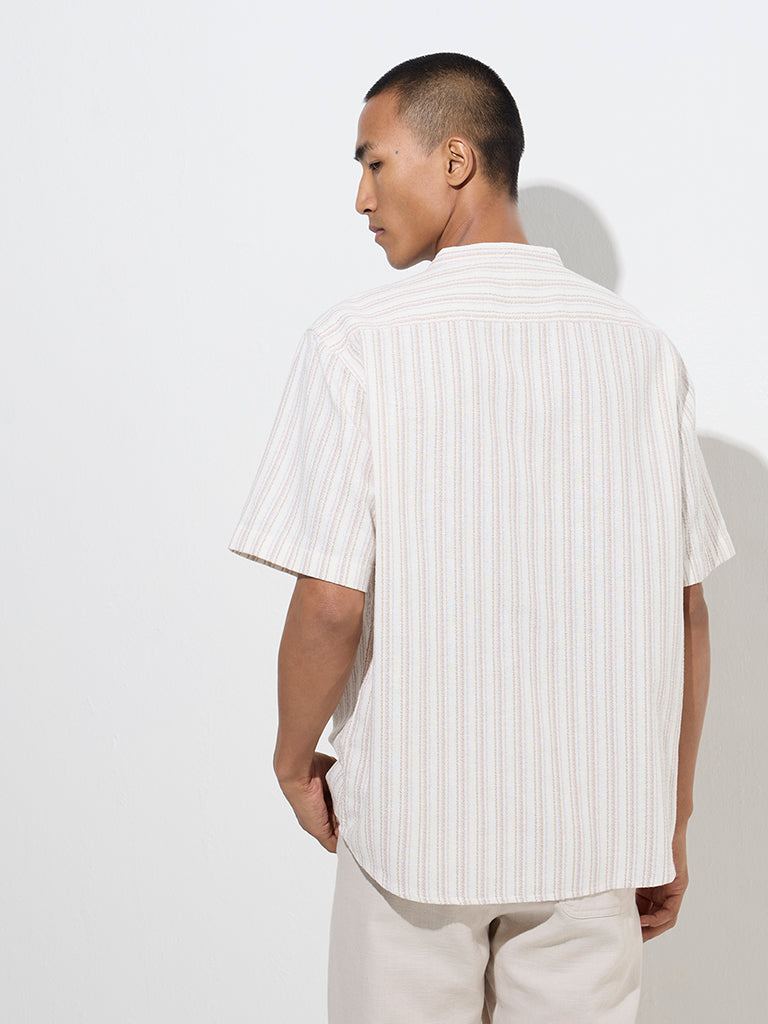 Westside ETA Men's Off-White Striped Resort-Fit Cotton Shirt for Casual Wear Back View