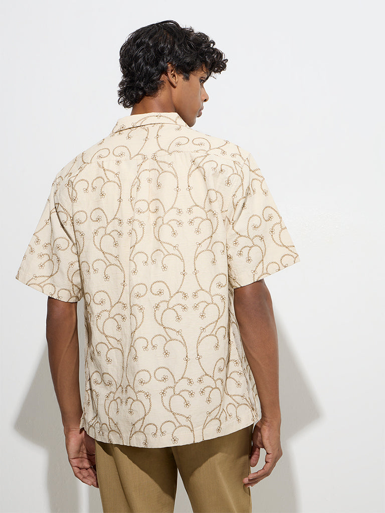 Westside ETA Men's Cream Floral Embroidered Relaxed-Fit Cotton-Blend Shirt for Casual Wear Back View