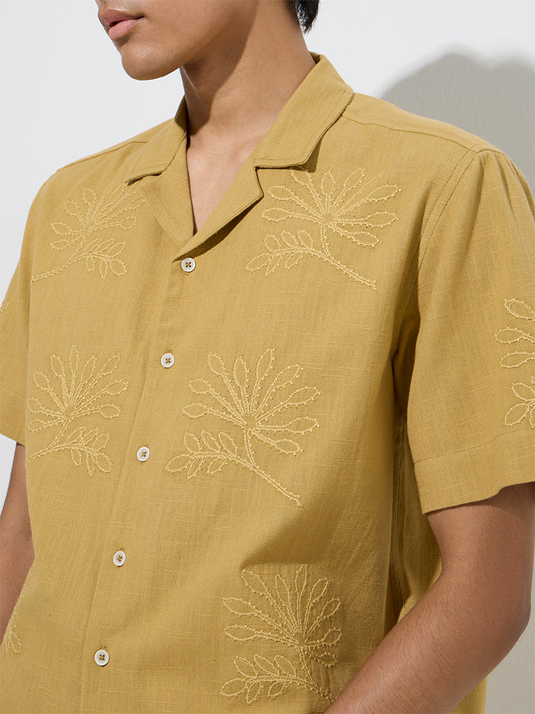 ETA Mustard Floral Embroidered Relaxed-Fit Cotton Shirt