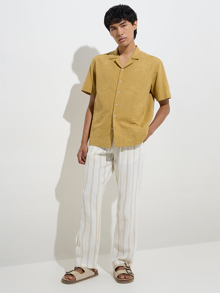 ETA Mustard Floral Embroidered Relaxed-Fit Cotton Shirt