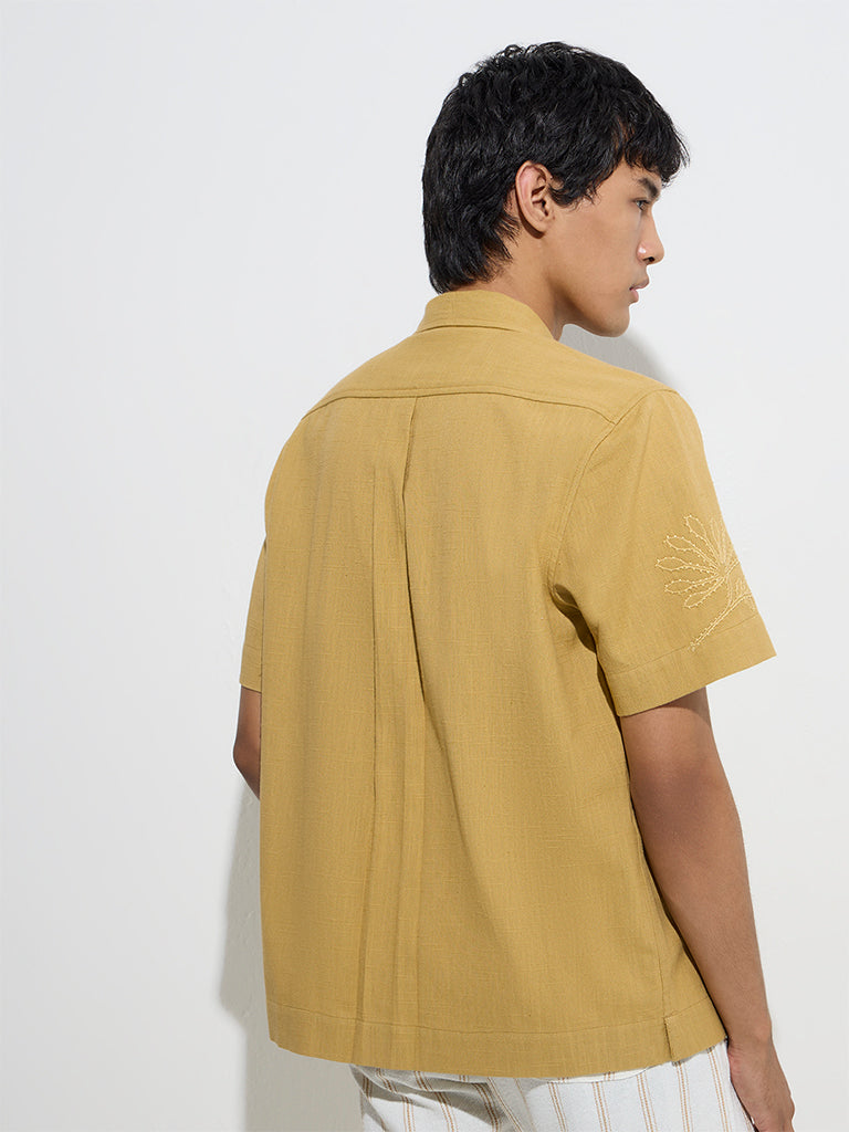 Westside ETA Men's Mustard Floral Embroidered Relaxed-Fit Cotton Shirt for Casual Wear Back View