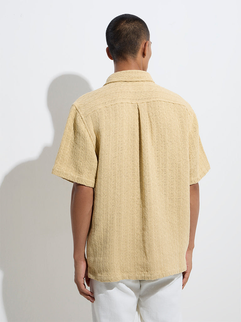 Westside ETA Men's Yellow Knit-Textured Relaxed-Fit Cotton Shirt for Casual Wear Back View
