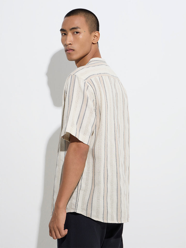 Westside ETA Men's Beige Knit-Textured Resort-Fit Cotton Shirt for Casual Wear Back View