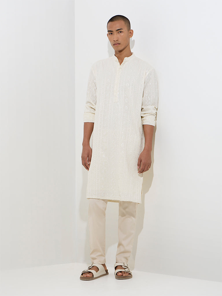 Mens Ethnicwear Light Beige Relaxed-Fit Cotton Kurta