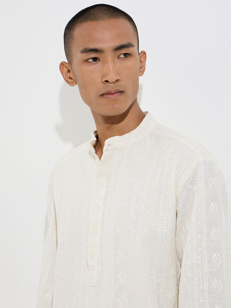 Mens Ethnicwear Light Beige Relaxed-Fit Cotton Kurta