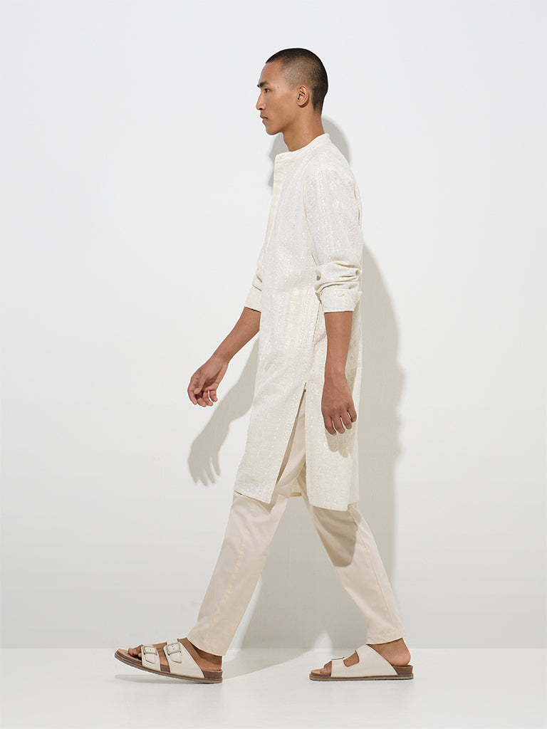 Mens Ethnicwear Light Beige Relaxed-Fit Cotton Kurta