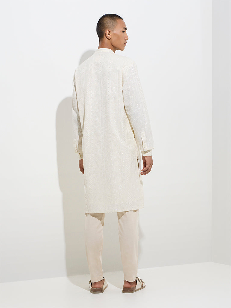 Mens Ethnicwear Light Beige Relaxed-Fit Cotton Kurta