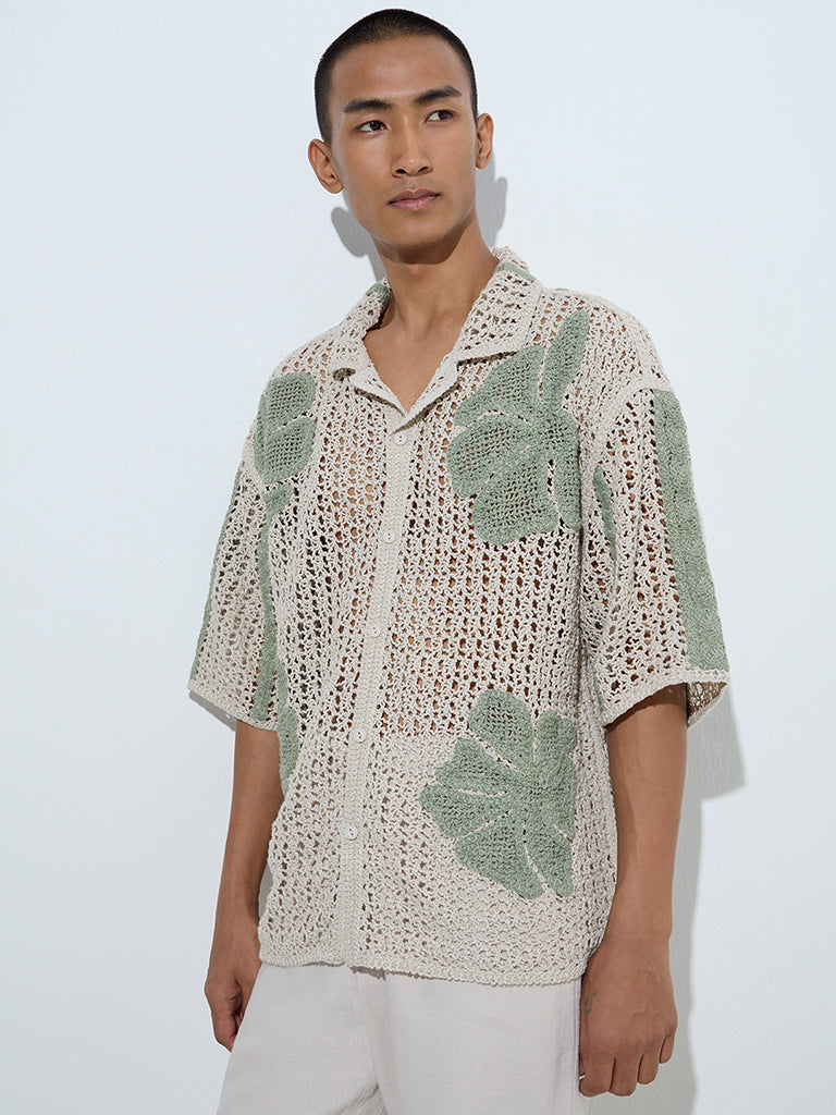 ETA Sage Floral Detailed Relaxed-Fit Crochet Shirt