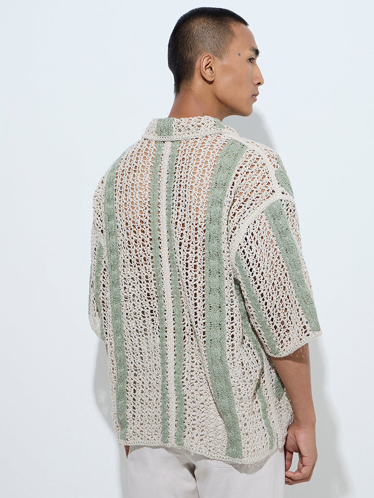 Westside ETA Men's Sage Floral Detailed Relaxed-Fit Crochet Shirt for Casual Wear Back View