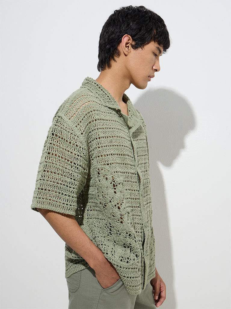 ETA Dark Sage Crochet-Knitted Relaxed-Fit Shirt