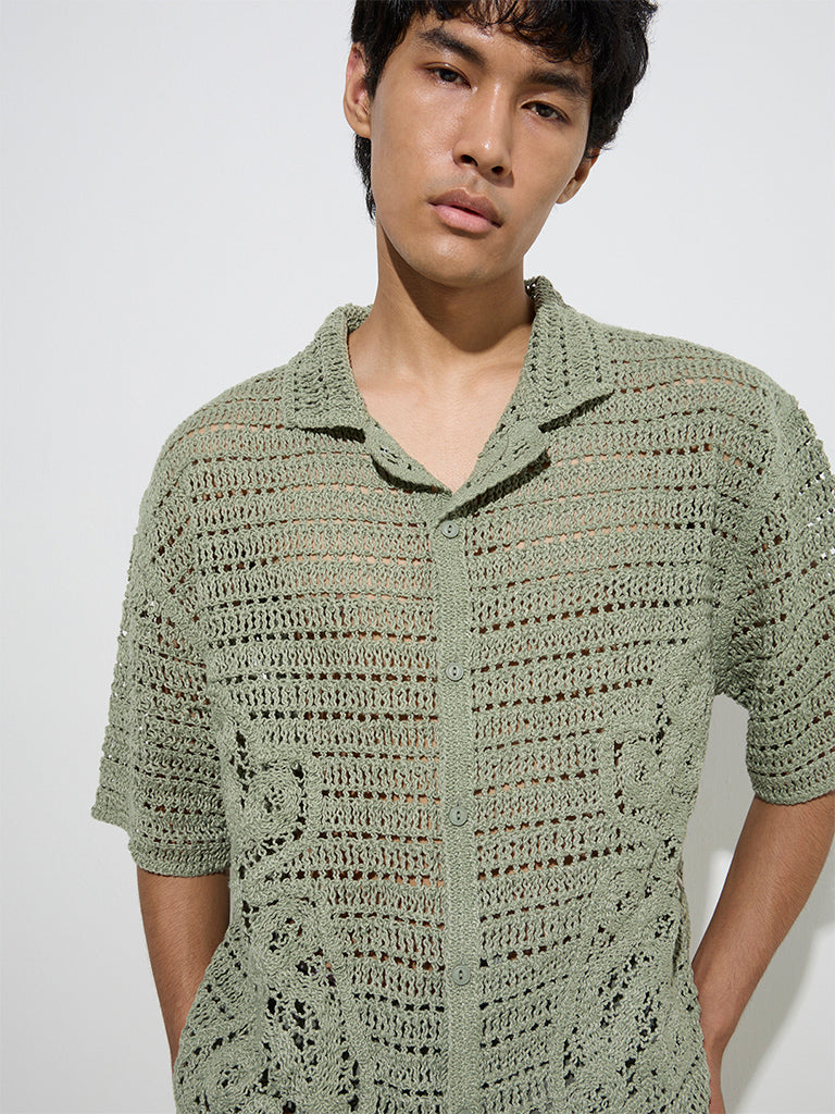 ETA Dark Sage Crochet-Knitted Relaxed-Fit Shirt