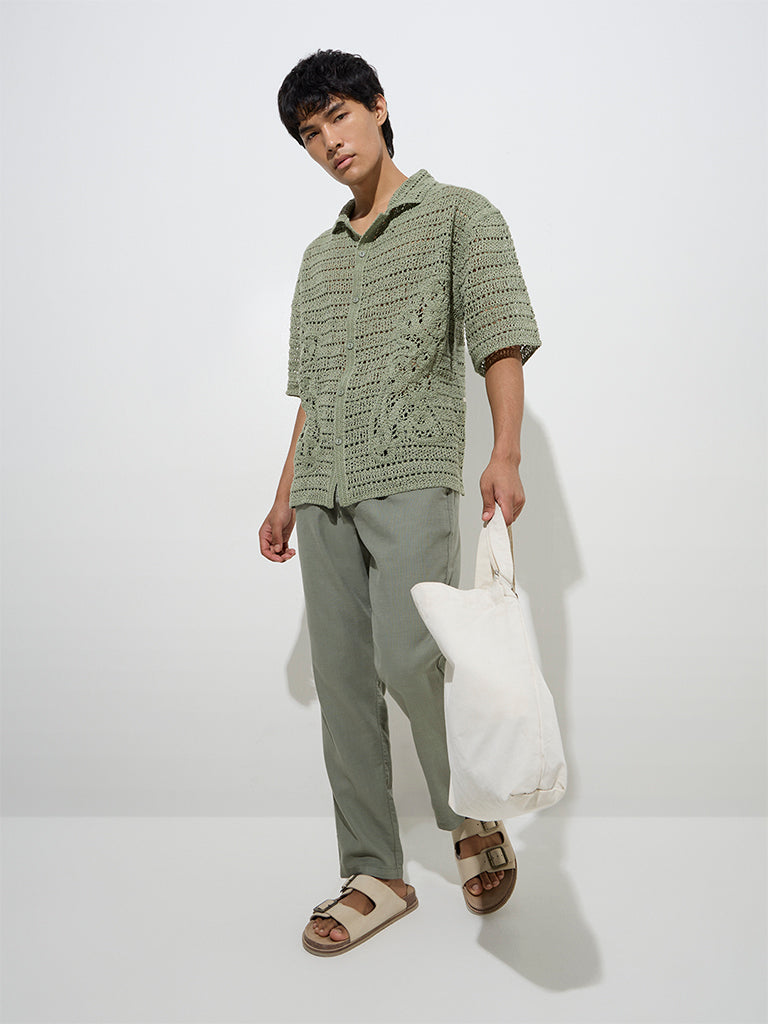 ETA Dark Sage Crochet-Knitted Relaxed-Fit Shirt
