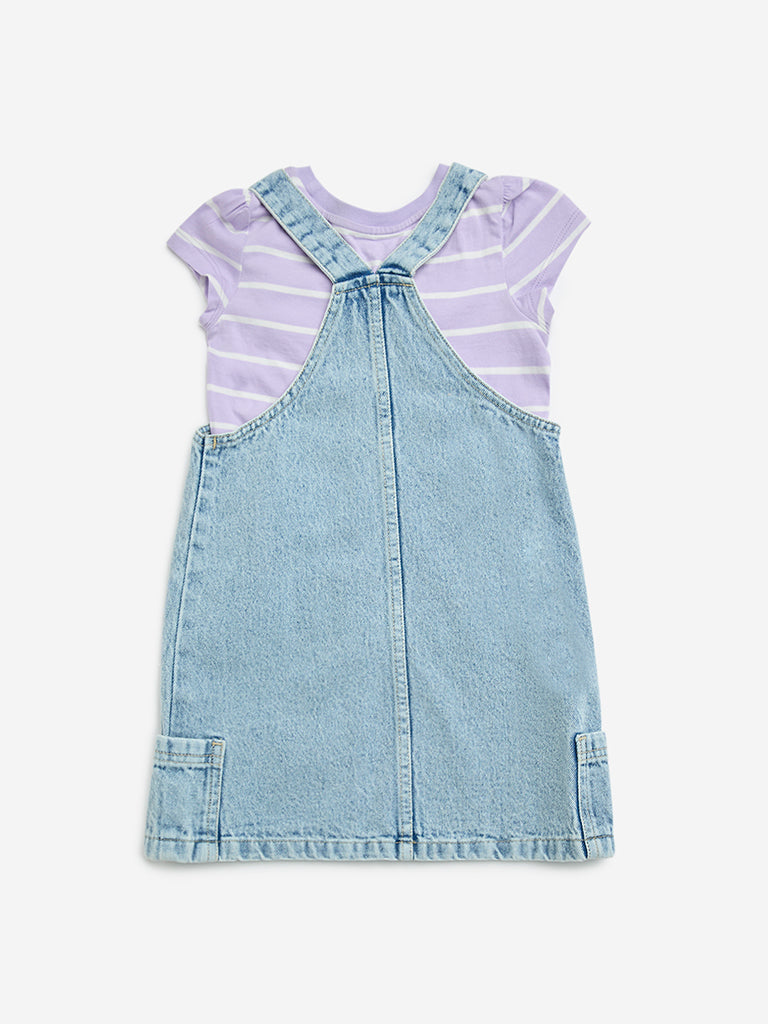 HOP Kids Lilac Striped Denim Pinafore and T-Shirt