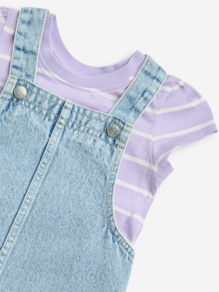 HOP Kids Lilac Striped Denim Pinafore and T-Shirt