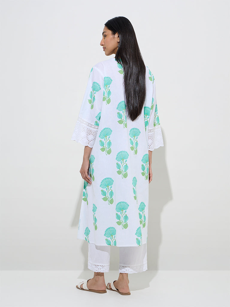 Westside Utsa Women's Aqua Floral Pattern A-Line Cotton-Blend Kurta for Work Wear Back View