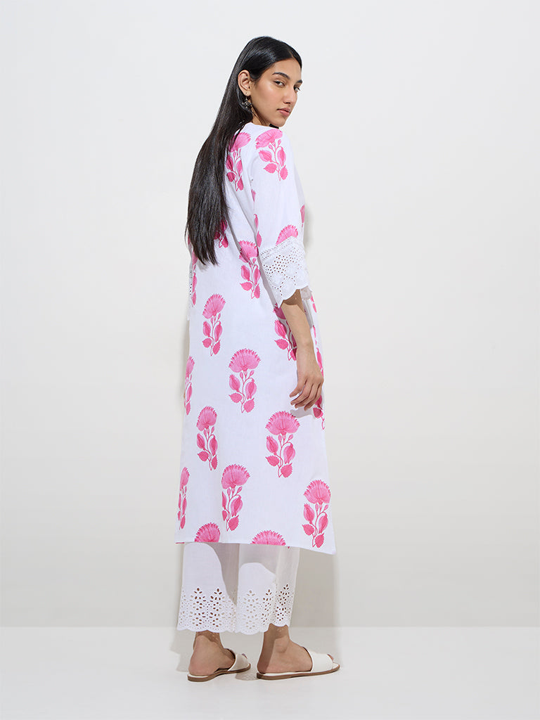 Westside Utsa Women's Pink Floral Design A-Line Cotton-Blend Kurta for Work Wear Back View