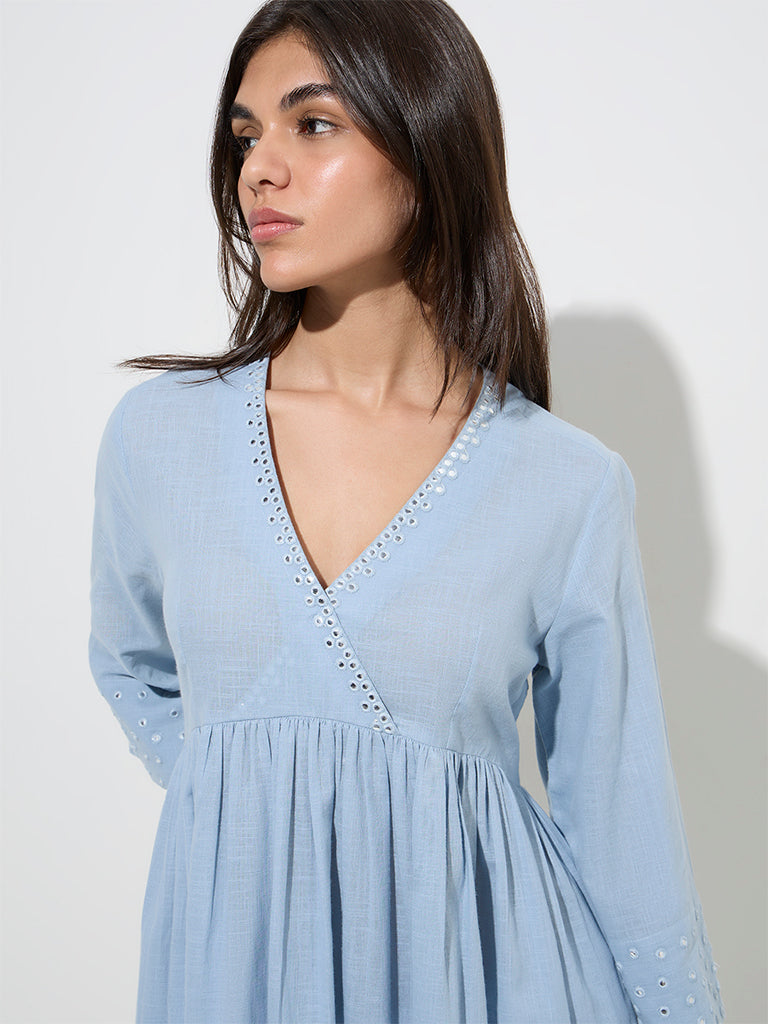 Utsa Blue Cotton A-Line Kurta