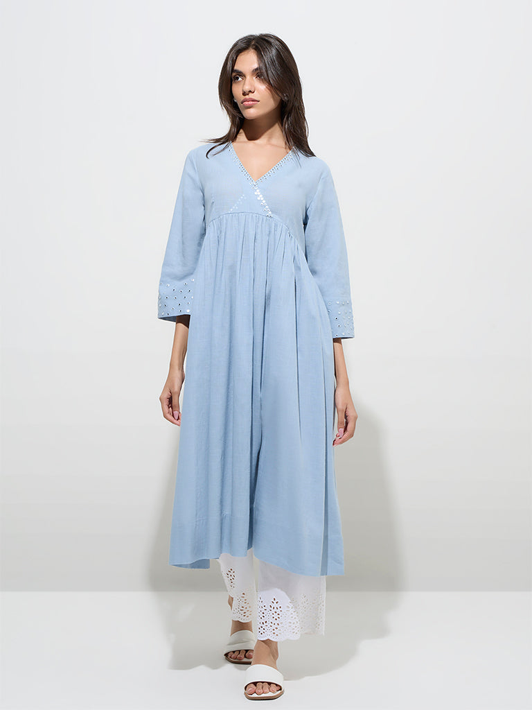 Utsa Blue Cotton A-Line Kurta