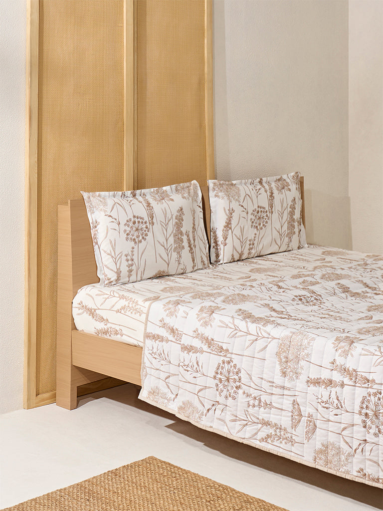 Westside Home Beige Floral Design Reversible Quilted Double Bed Comforter