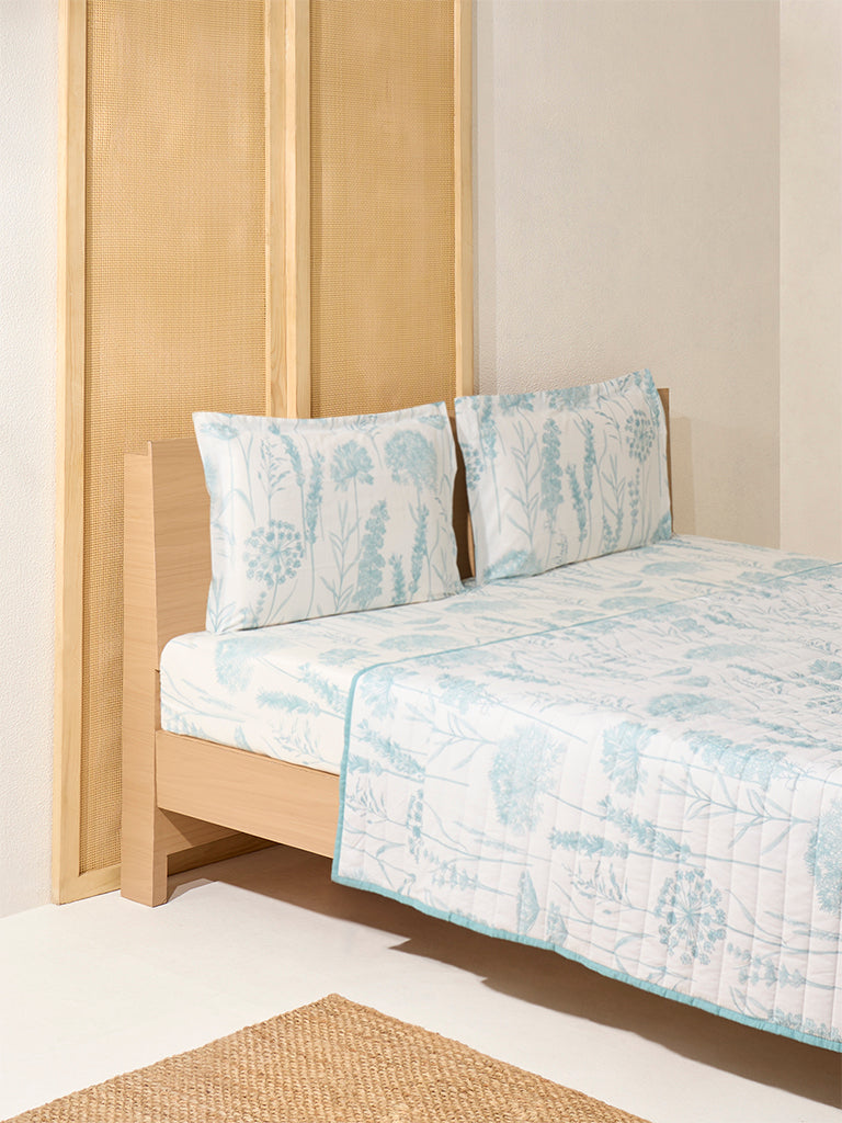 Westside Home Aqua Botanical Printed Reversible Queen Bed Comforter
