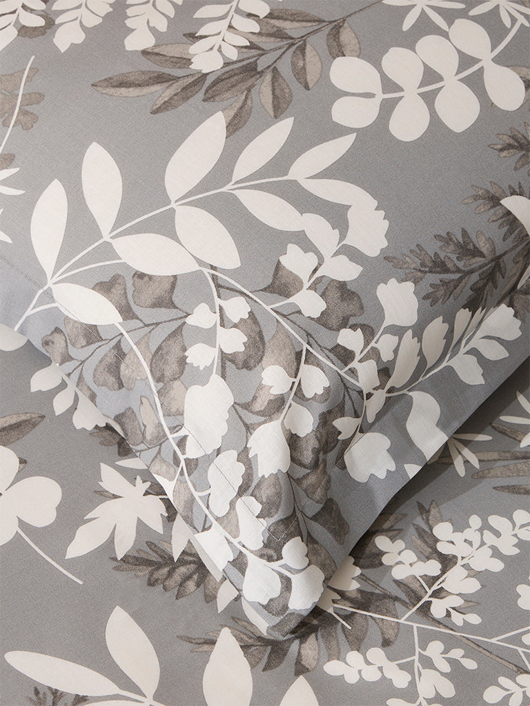 Westside Home Grey Foliage Printed Queen Bed Flat Sheet and Pillowcase Set