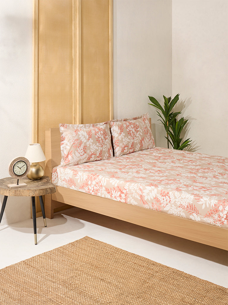 Westside Home Beige Botanical Queen Bed Flat Sheet and Pillowcase Set