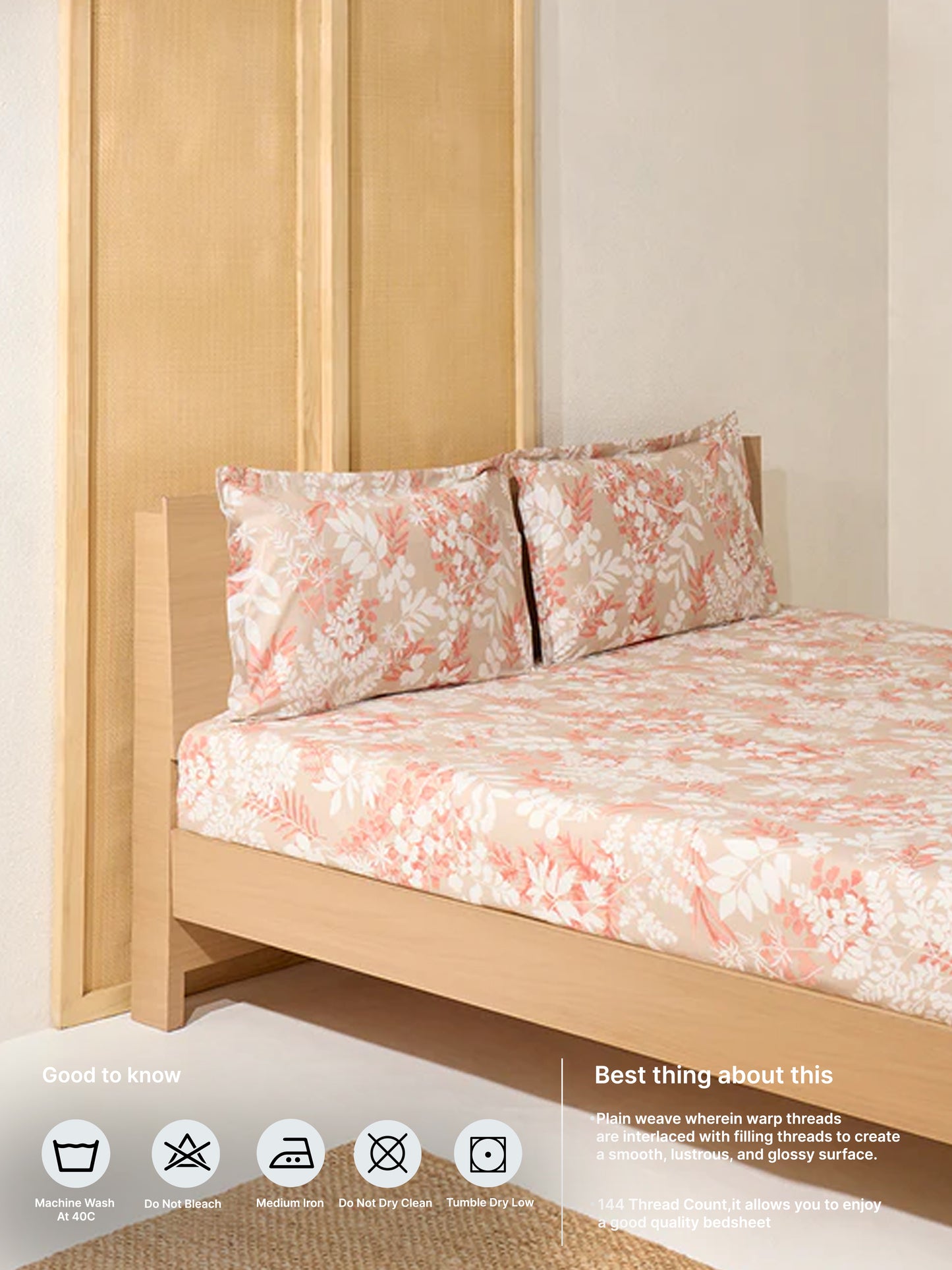 Westside Home Beige Botanical Queen Bed Flat Sheet and Pillowcase Set