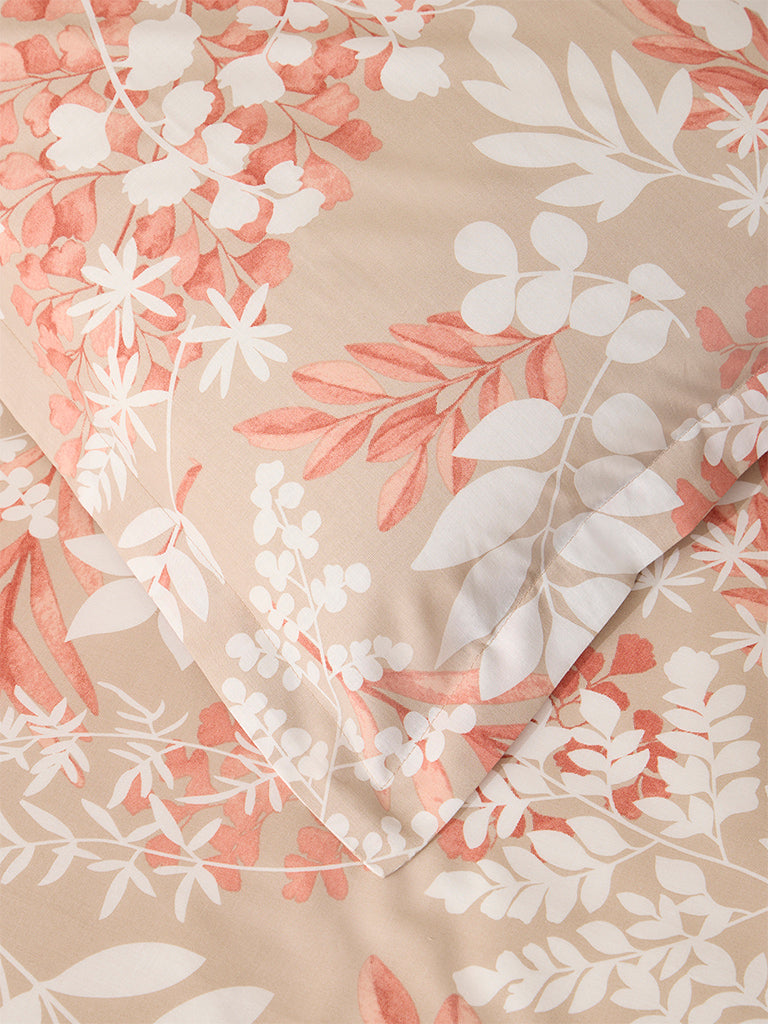 Westside Home Beige Botanical Queen Bed Flat Sheet and Pillowcase Set