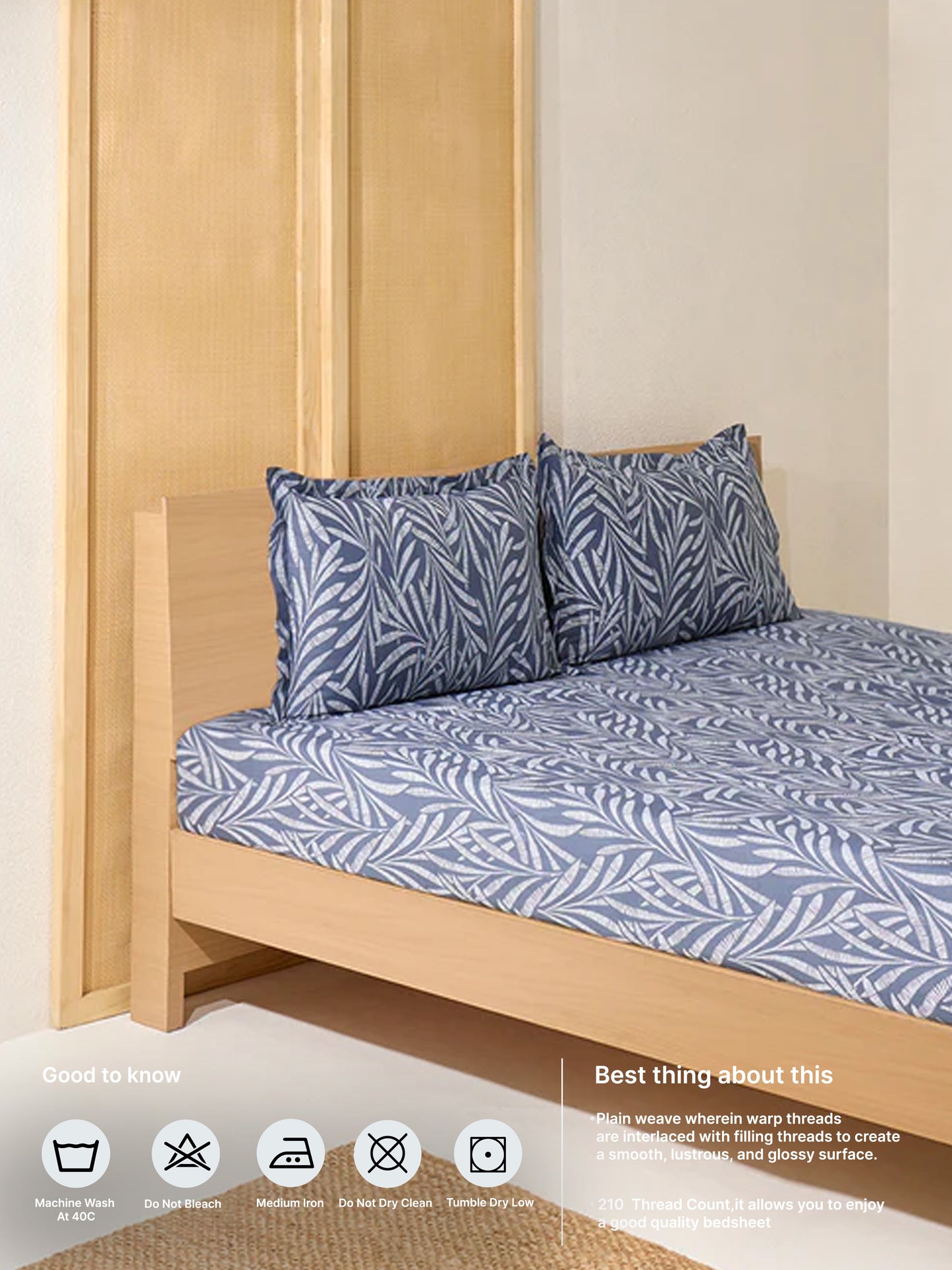 Westside Home Dusty Blue Foliage Printed Queen Bed Fitted Sheet and Pillowcase Set