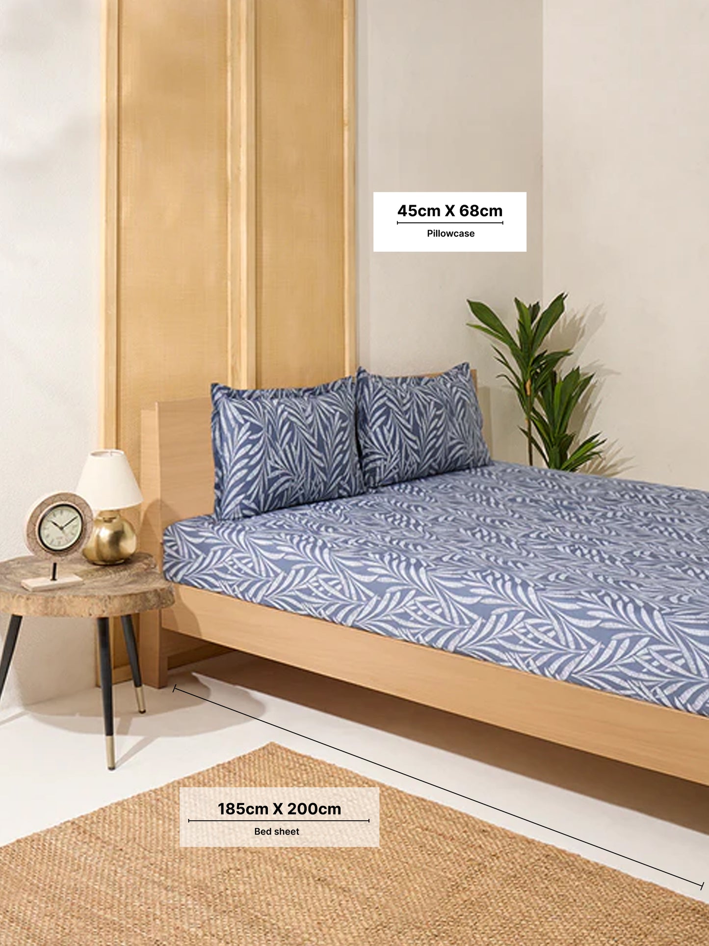 Westside Home Dusty Blue Foliage Printed King Bed Fitted Sheet and Pillowcase Set