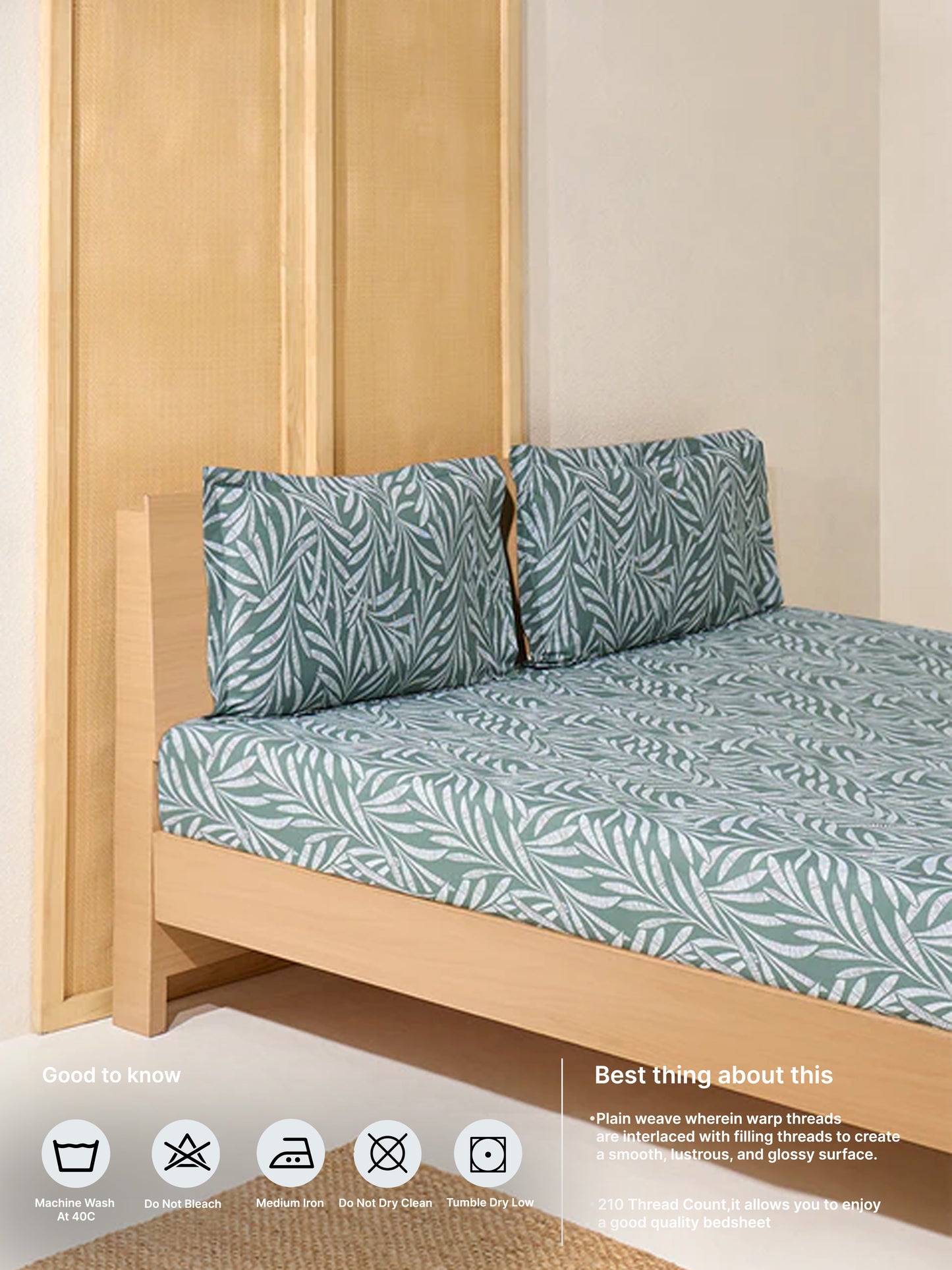 Westside Home Olive Foliage Queen Bed Fitted Sheet and Pillowcase Set