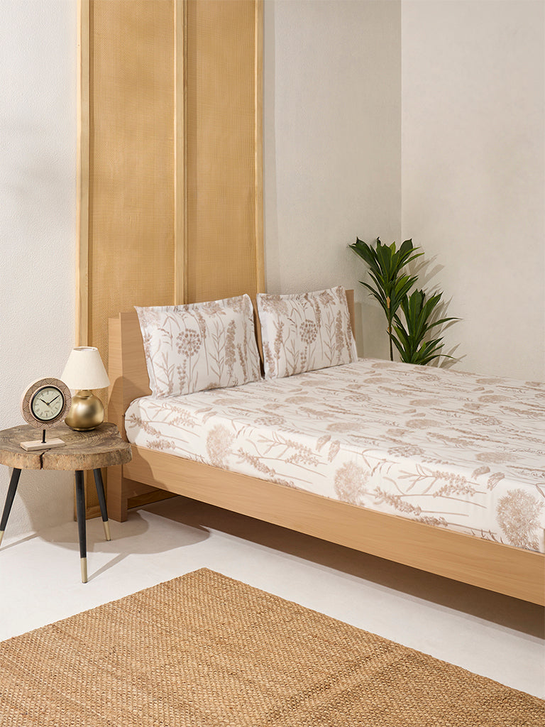 Westside Home Beige Floral Printed King Bed Flat Sheet and Pillowcase Set