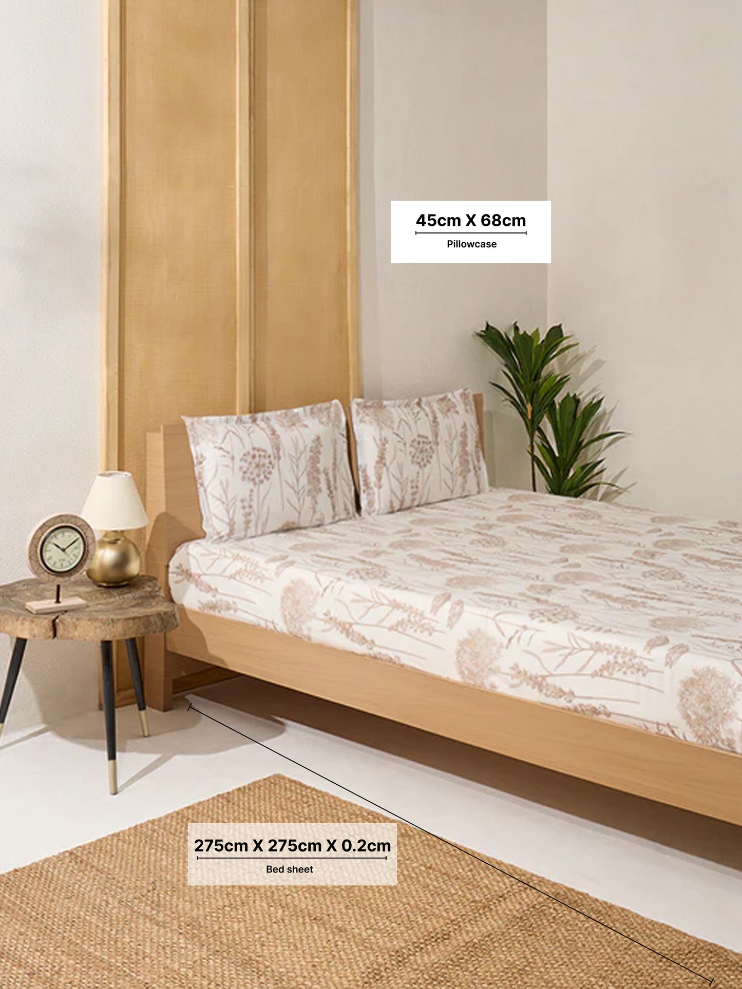Westside Home Beige Floral Printed King Bed Flat Sheet and Pillowcase Set