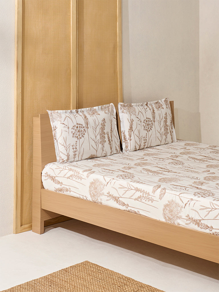 Westside Home Beige Floral Printed King Bed Flat Sheet and Pillowcase Set