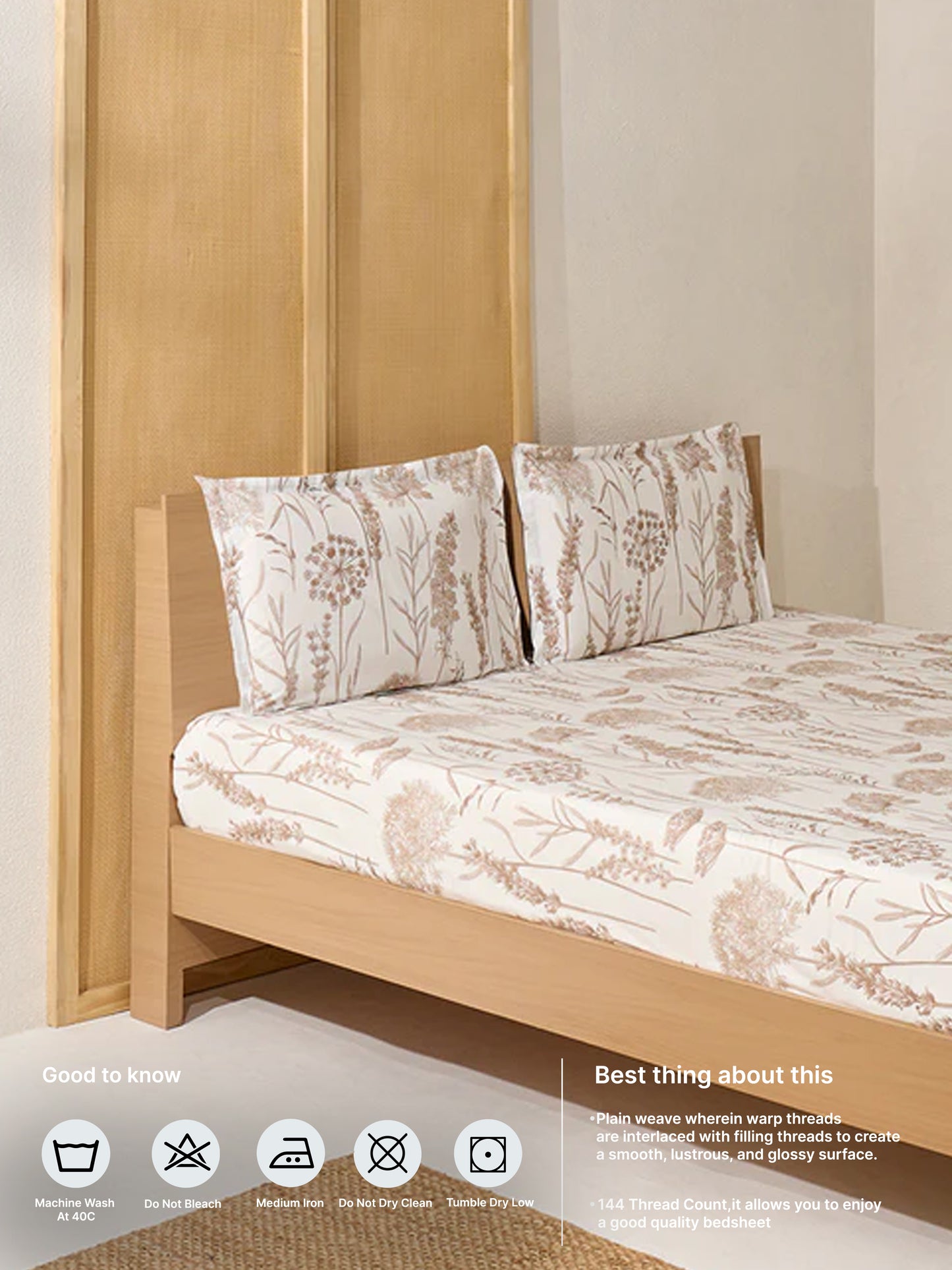 Westside Home Beige Floral Printed King Bed Flat Sheet and Pillowcase Set