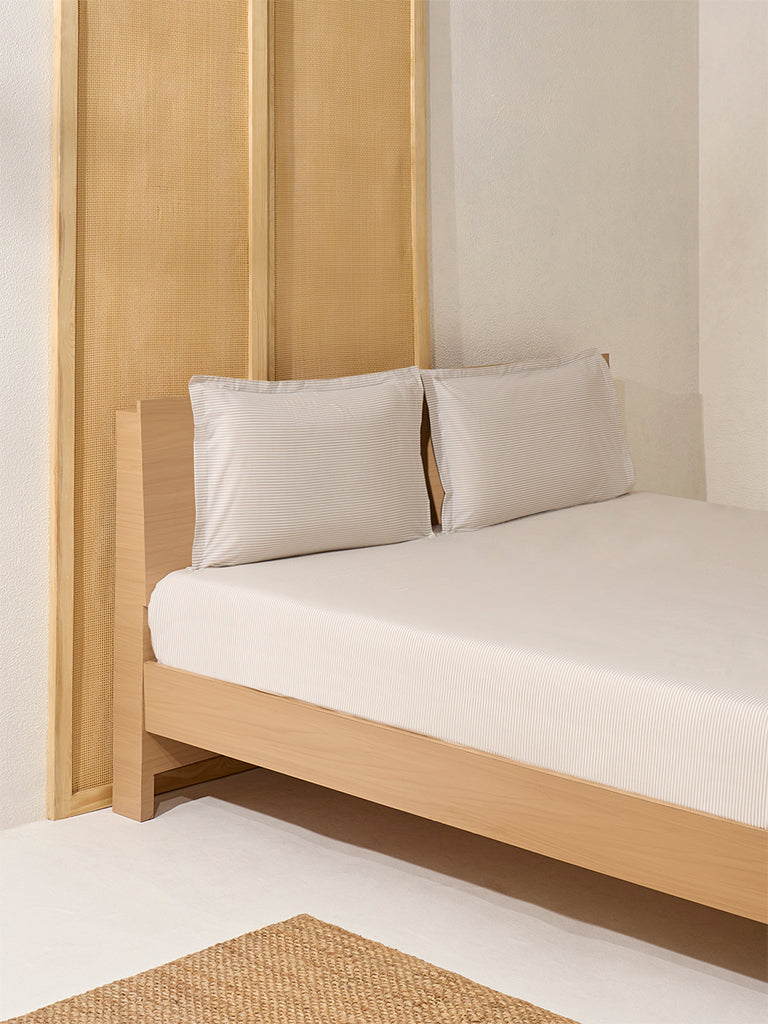 Westside Home Beige Striped Double Bed Flat Sheet and Pillowcase Set