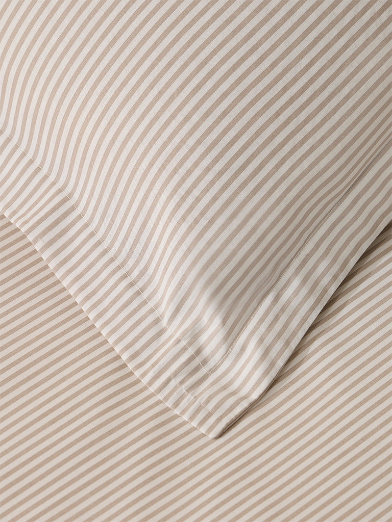 Westside Home Beige Striped Double Bed Flat Sheet and Pillowcase Set