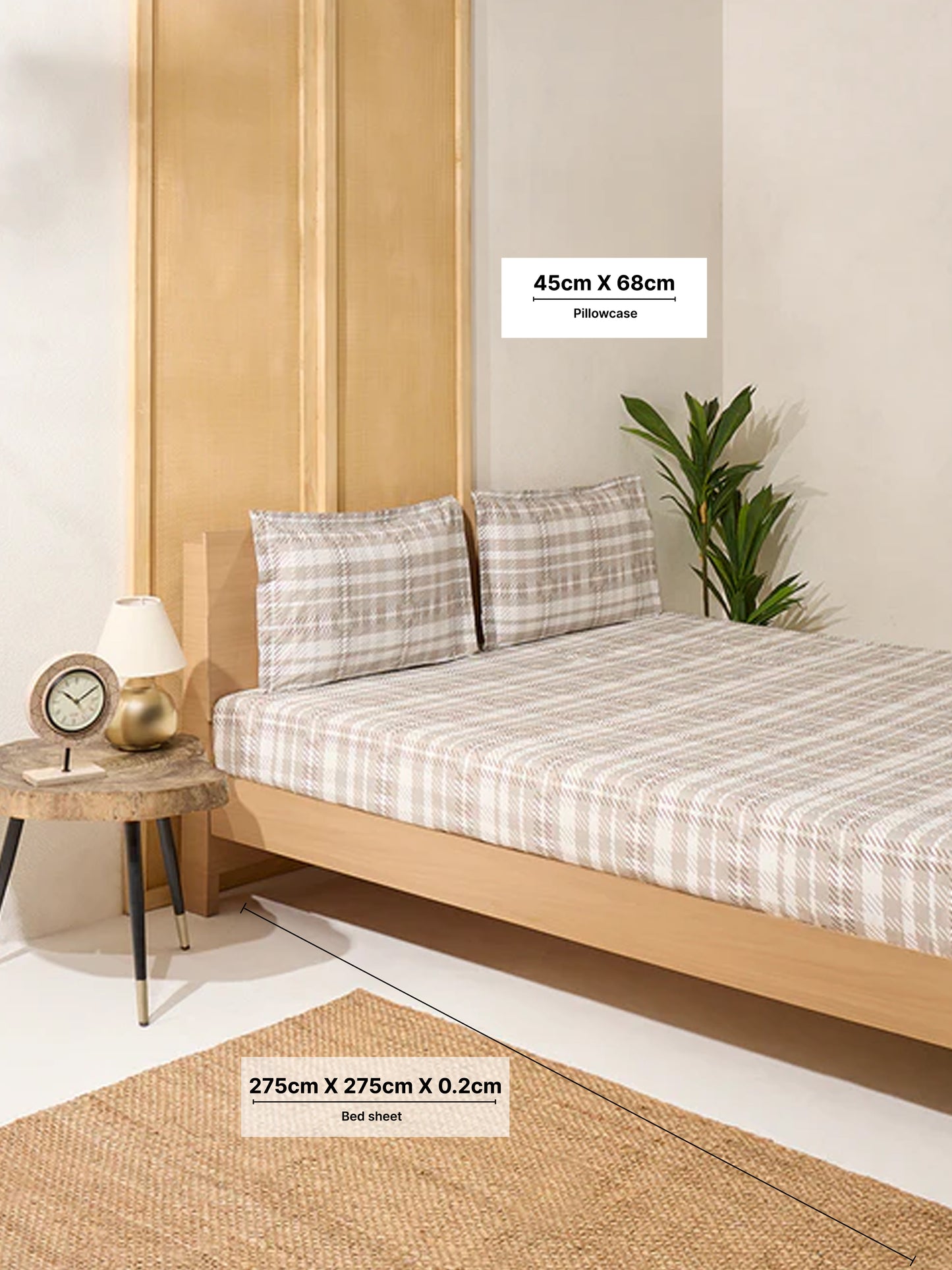 Westside Home Beige Checkered King Bed Flat Sheet and Pillowcase Set