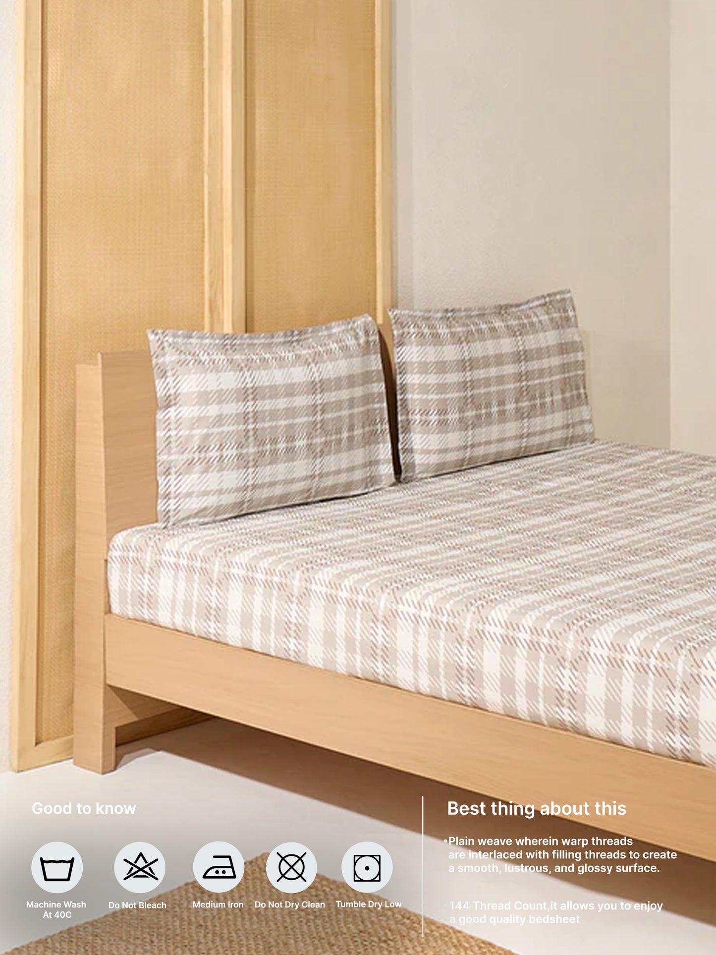 Westside Home Beige Checkered King Bed Flat Sheet and Pillowcase Set